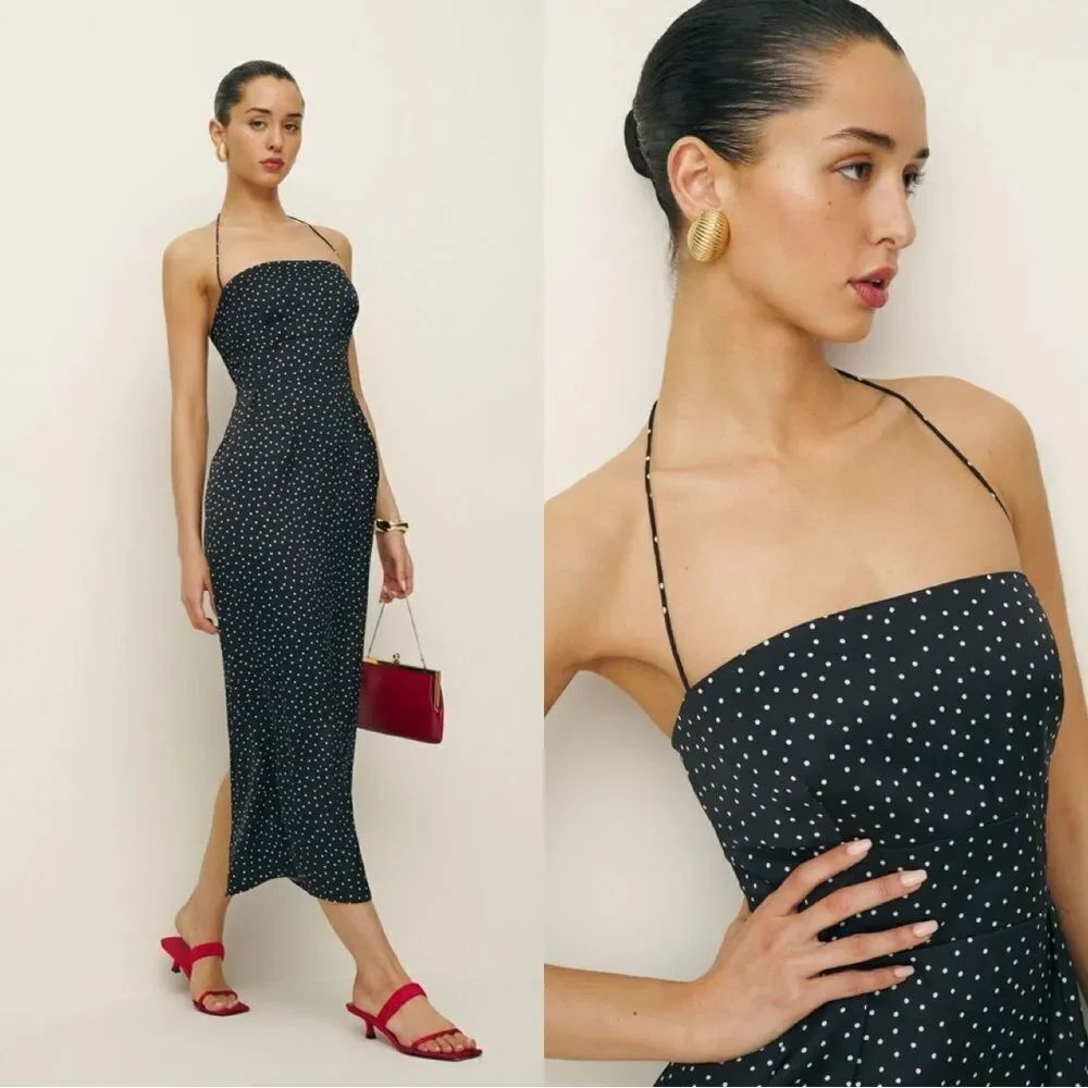 NEW REFORMATION Lai Satin Midi Dress in “Selene” polka dot